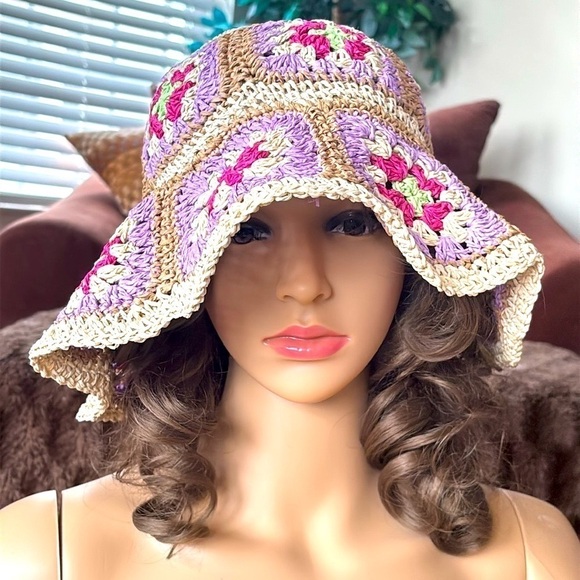 BCBGeneration Accessories - Brand New BCBGeneration Straw Woven Hat Crochet Patchwork Floral Floppy Beach